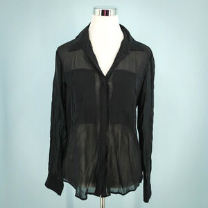 Theory Size Large L Black Semi-Sheer Collared Button Long Sleeve Silk Top